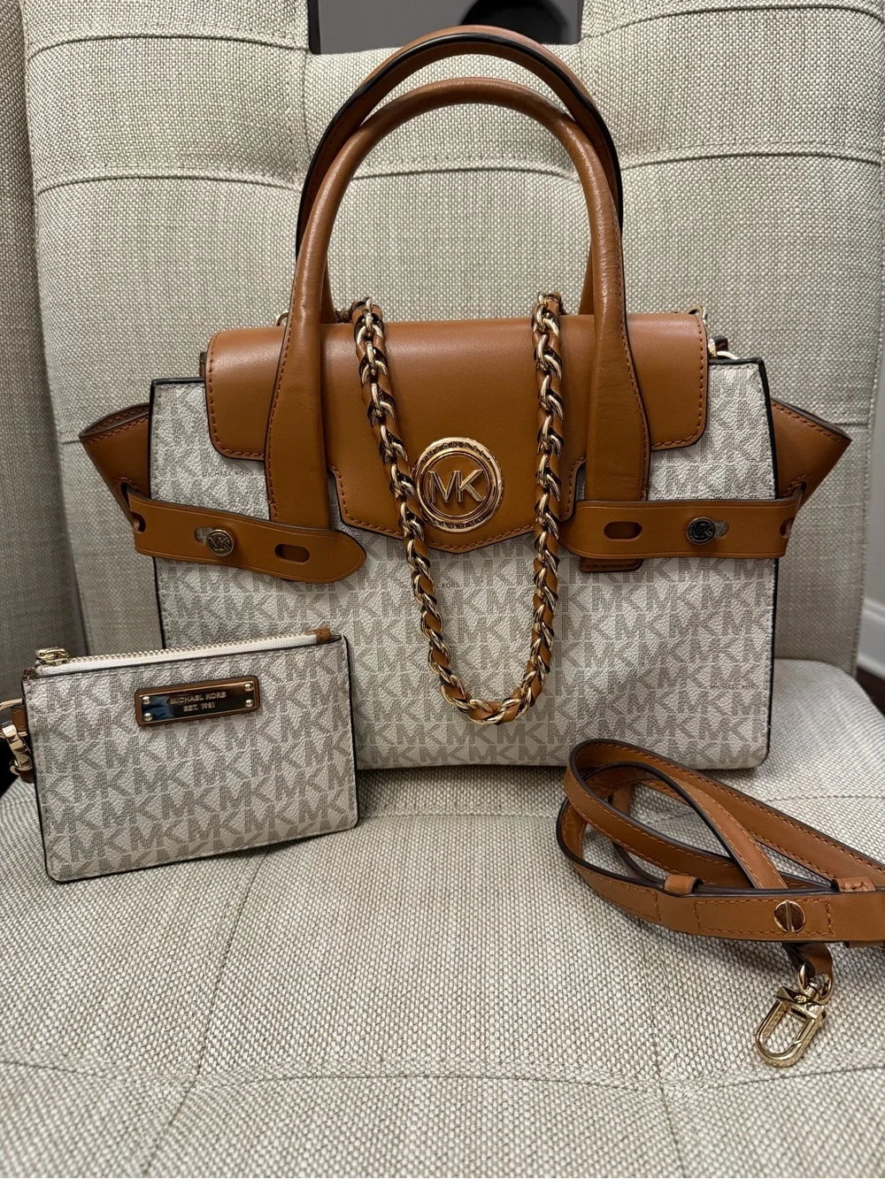 Michael Kors Brown and Cream Signature Satchel with Chain Accent